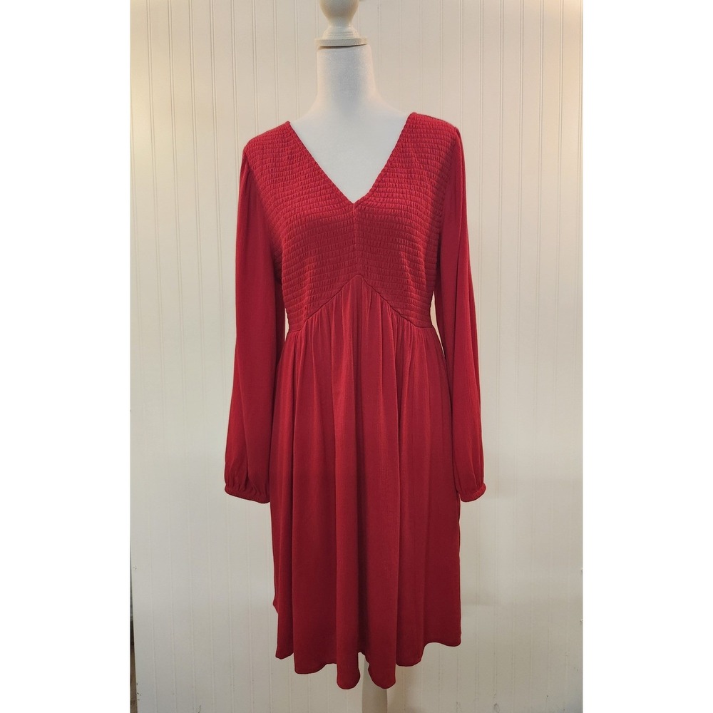 Torrid Women's Red Smocked V-Neck‎ Long Balloon Sleeve Midi Dress Plus Size 1 XL